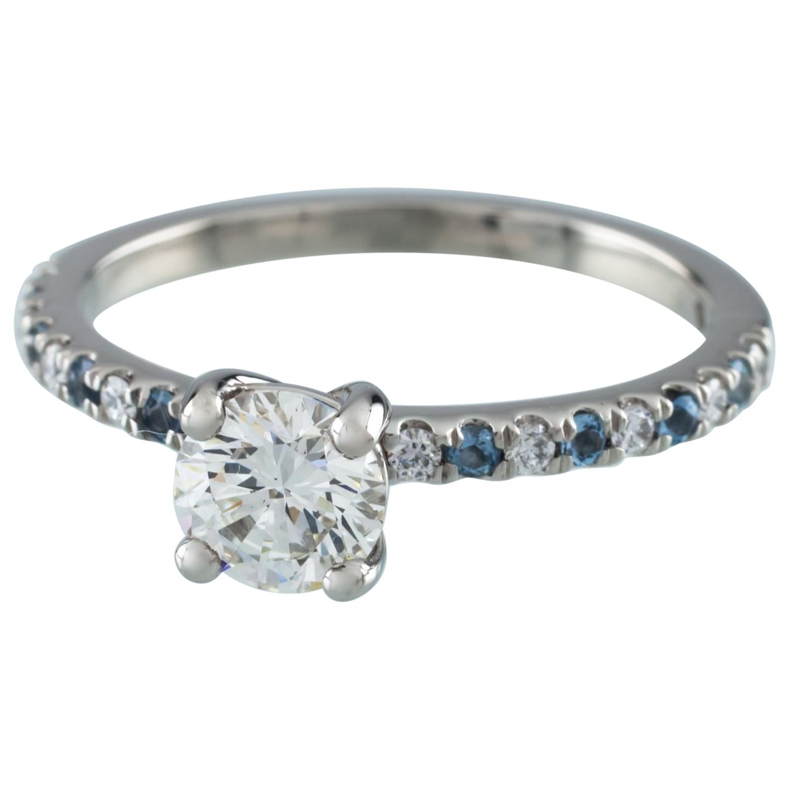 GIA Certified 0.73 Carat Round Diamond Palladium Ring with Aquamarine Accents For Sale