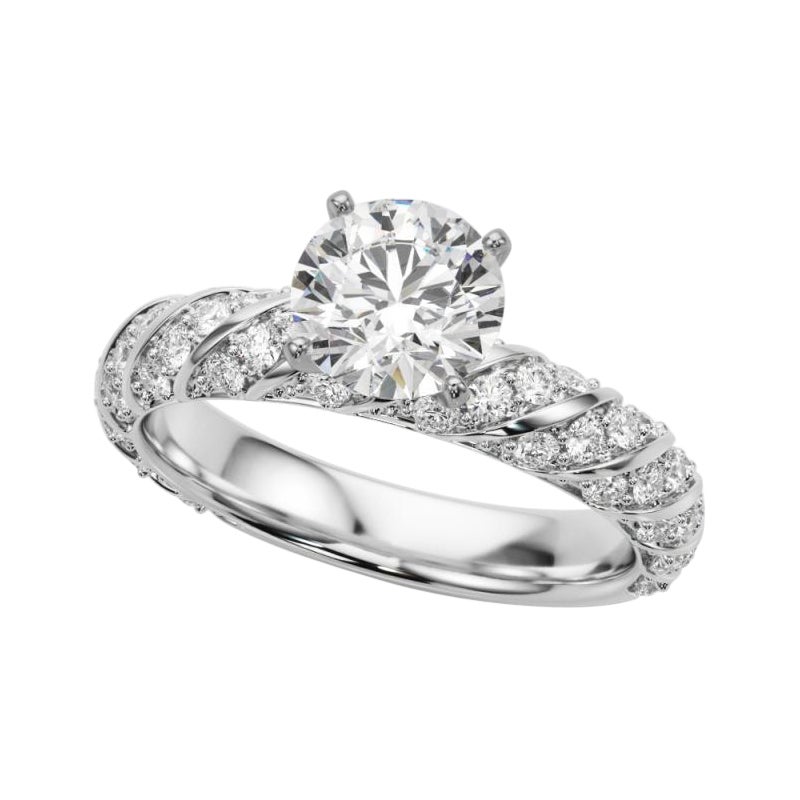 Bague en platine avec diamant certifié GIA de 0,73 carat, rond, tressé et pavé