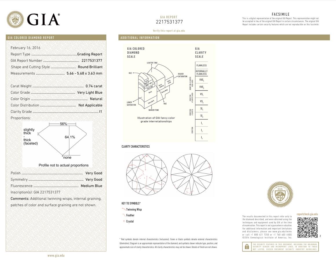 GIA Certified 0.74 Carat Very Light Blue I1 Clarity Diamond For Sale 1