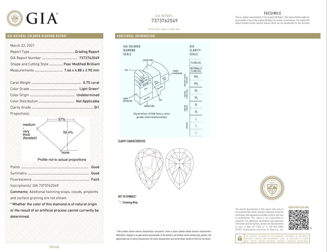 GIA Certified 0.75 Carat Light Green SI1 Clarity Diamond For Sale 1