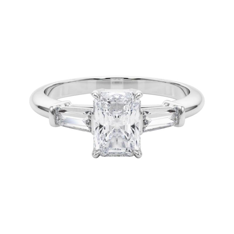 GIA Certified 0.75 Carat Radiant & Baguette Three-Stone Platinum Diamond Ring
