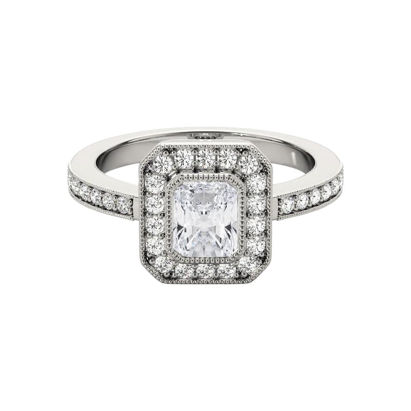 Anillo de diamantes de oro blanco de 18 quilates con halo radiante milgrain certificado por GIA de 0,75 quilates