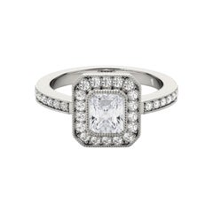 Anillo de diamantes de oro blanco de 18 quilates con halo radiante milgrain certificado por GIA de 0,75 quilates