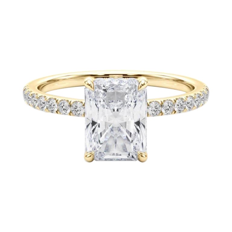 GIA Certified 0.75 Carat Radiant Hidden Halo Pave 18K Yellow Gold Diamond Ring For Sale