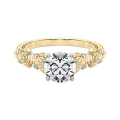 Anello con diamanti in oro giallo 18 carati certificato GIA da 0,75 carati con foglie rotonde in giardino