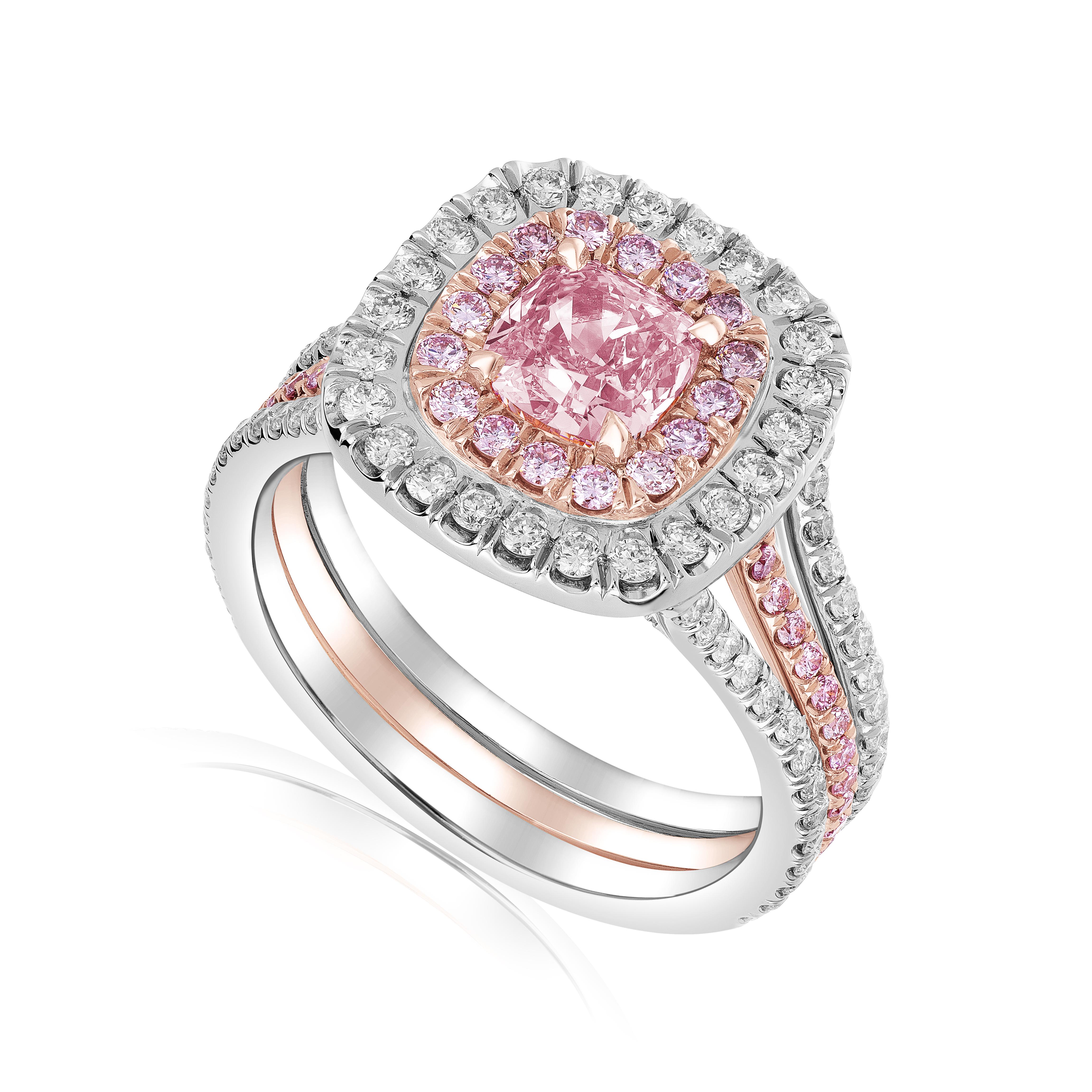 Contemporary GIA Certified 0.75 SI1 Fancy Pink Cushion Diamond Double Halo Ring