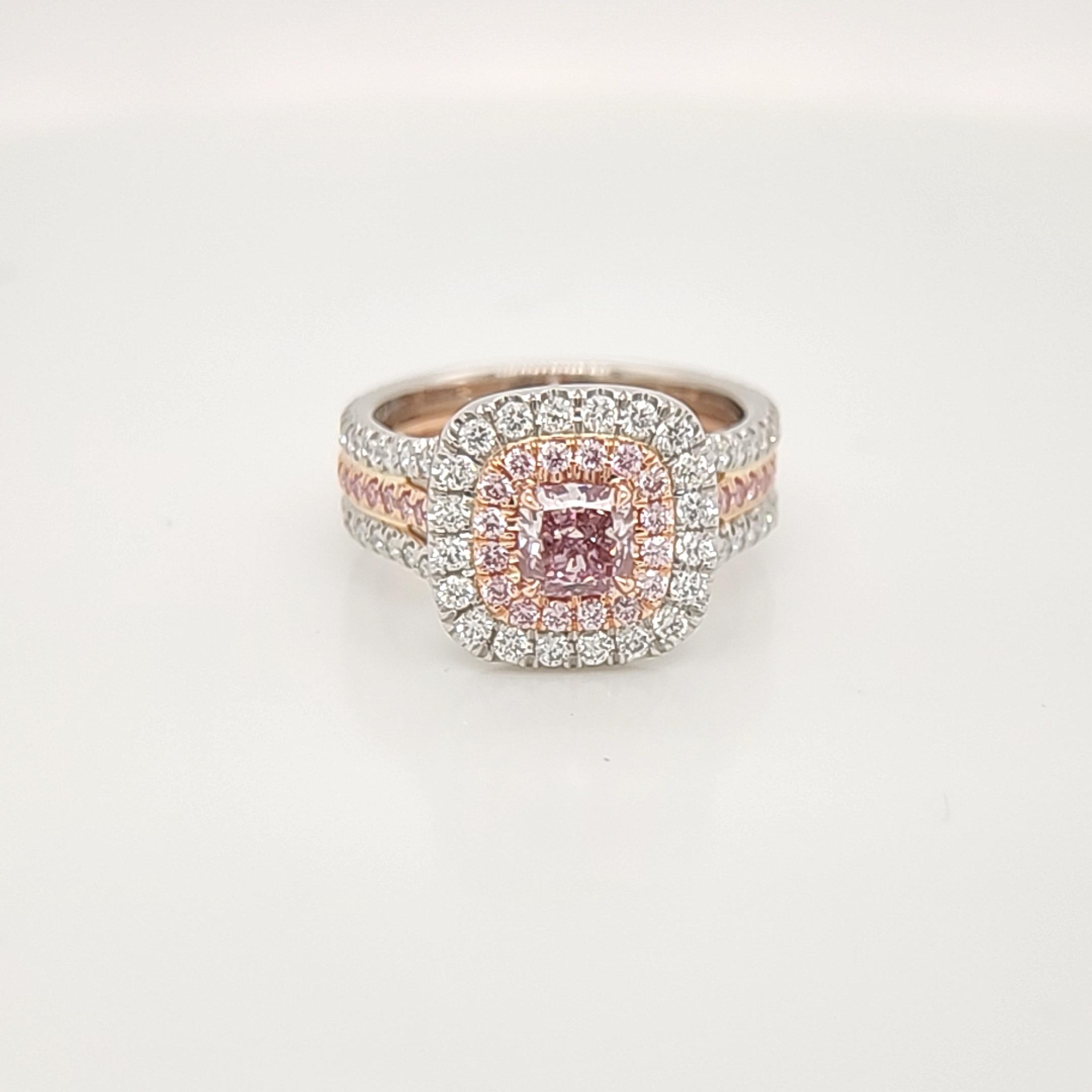 GIA Certified 0.75 SI1 Fancy Pink Cushion Diamond Double Halo Ring In New Condition In Whippany, NJ