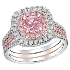 GIA Certified 0.75 SI1 Fancy Pink Cushion Diamond Double Halo Ring