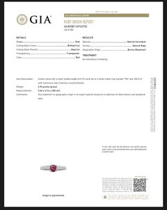 GIA certified 0.75Ct Burma Unheated Ruby and Natural Diamond Ring in 18K Gold