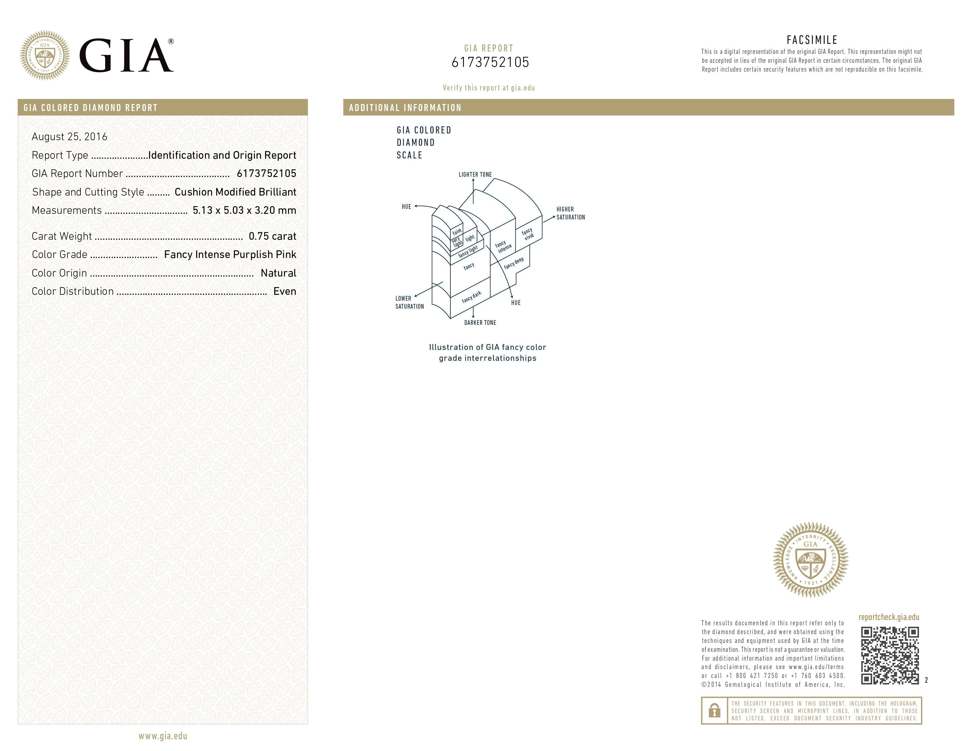 GIA Certified 0.75ct fancy intense purplish pink natural color diamond ring In New Condition For Sale In Hong Kong, HK