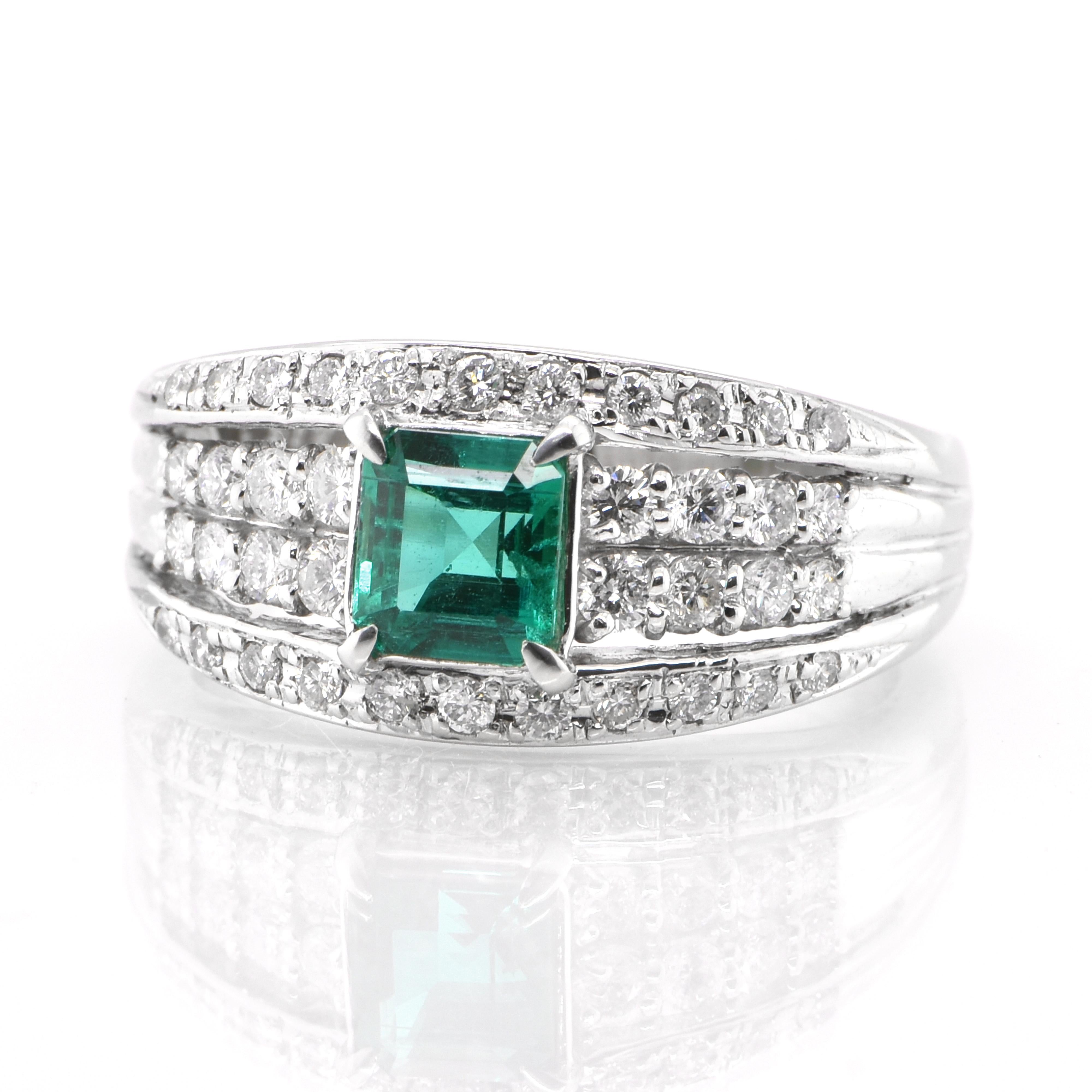 A stunning Estate Ring featuring a GIA Certified 0.76 Carat Natural Colombian No Oil Emerald and 0.50 Carats of Diamond Accents set in Platinum. People have admired emerald’s green for thousands of years. Emeralds have always been associated with