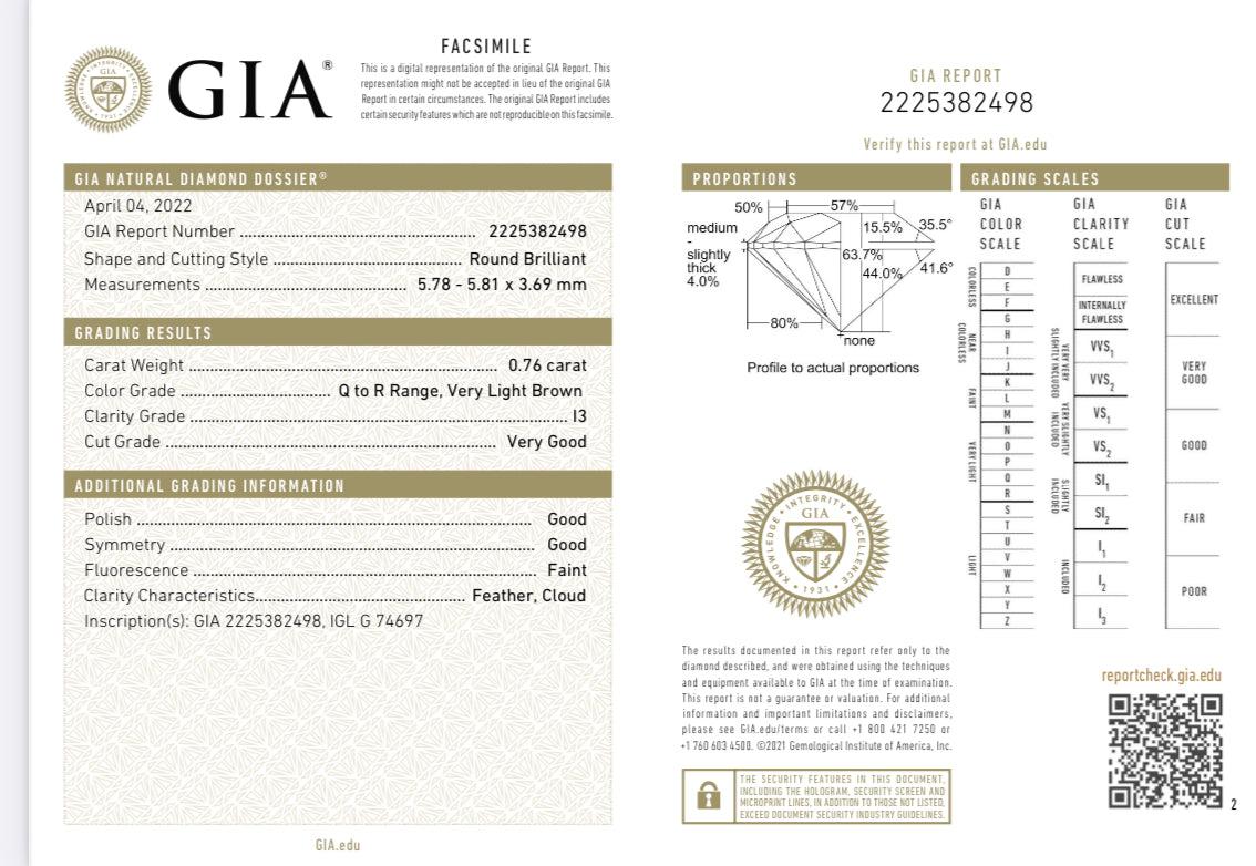 Diamant en vrac certifié GIA 0.76CT Q-R I3 rond et brillant Bon état - En vente à New York, NY