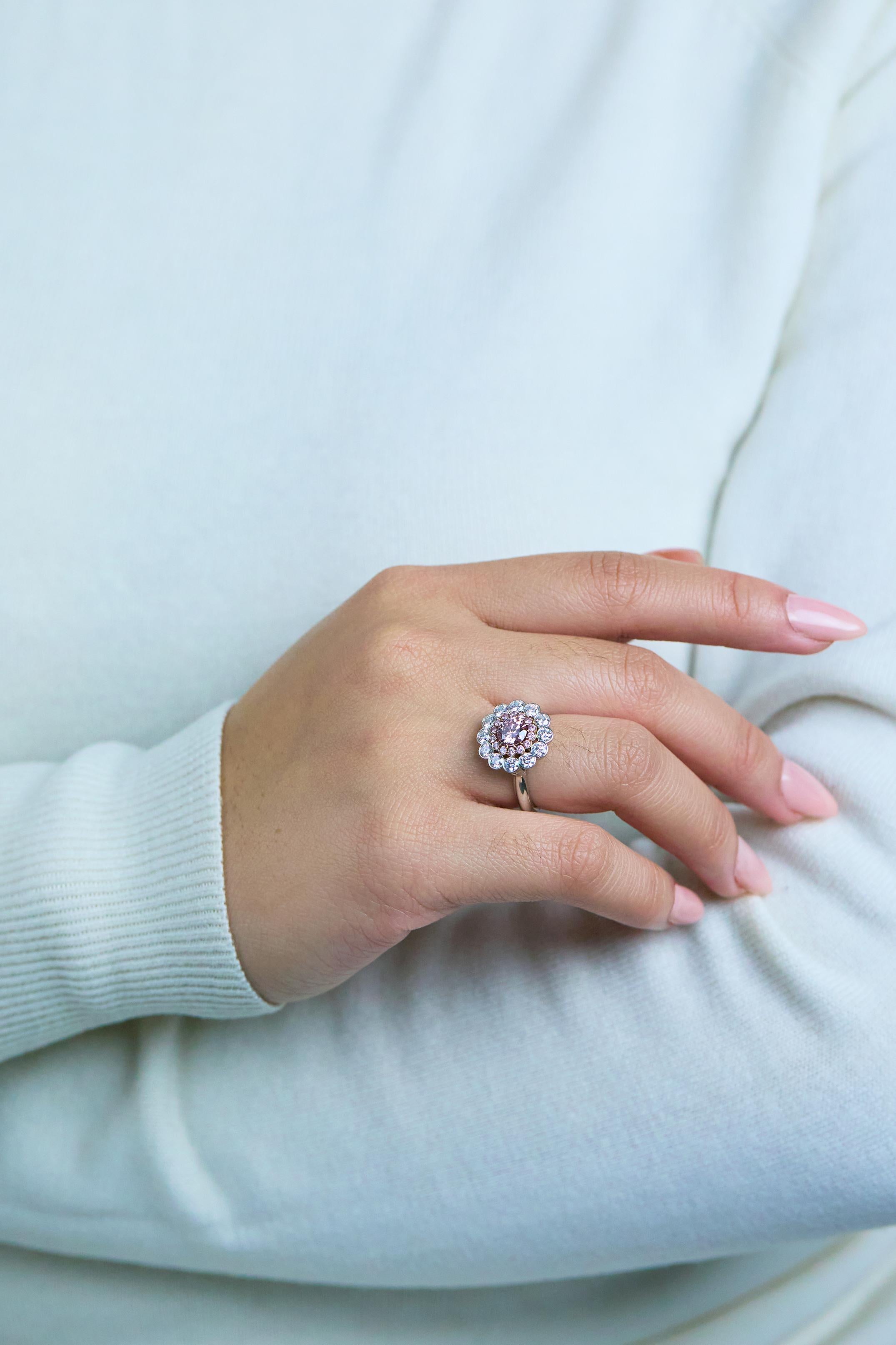 Round Cut GIA Certified 0.77 Carat Fancy Pink Diamond Double Halo Engagement Ring For Sale