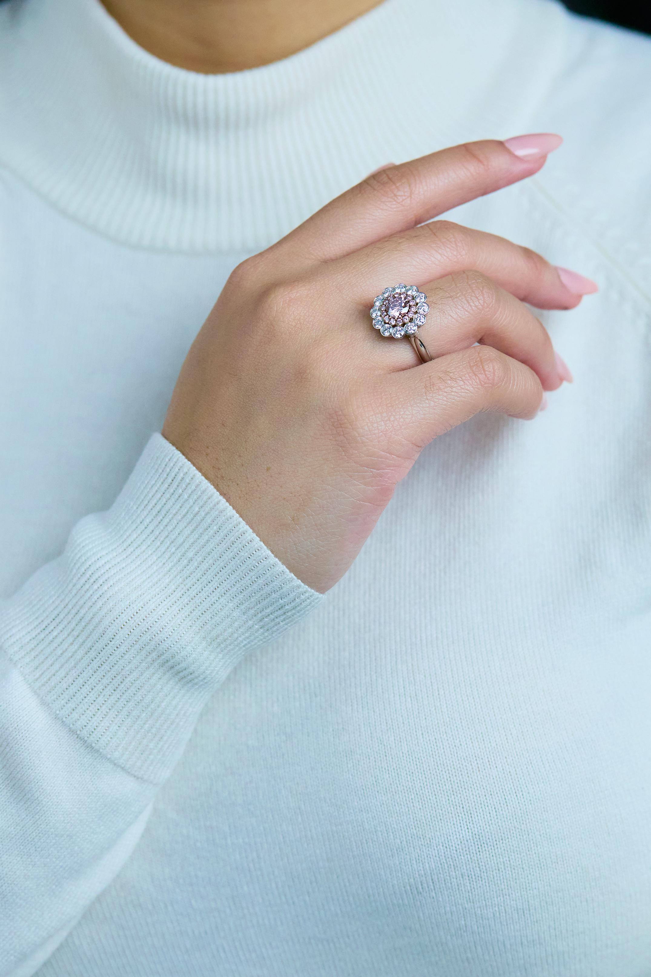 Contemporary GIA Certified 0.77 Carat Fancy Pink Diamond Double Halo Engagement Ring For Sale