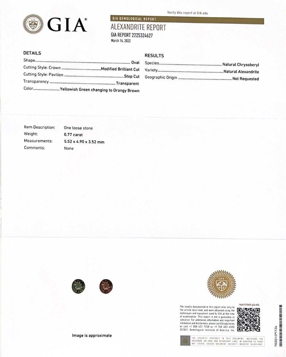 We're glad to share with you the certificate of GIA report. With this, you can be sure that the gem you purchased is a genuine natural Alexandrite 0.77 carats. GIA Report states that the oval Brilliant Cut Alexandrite is a variety of Alexandrite