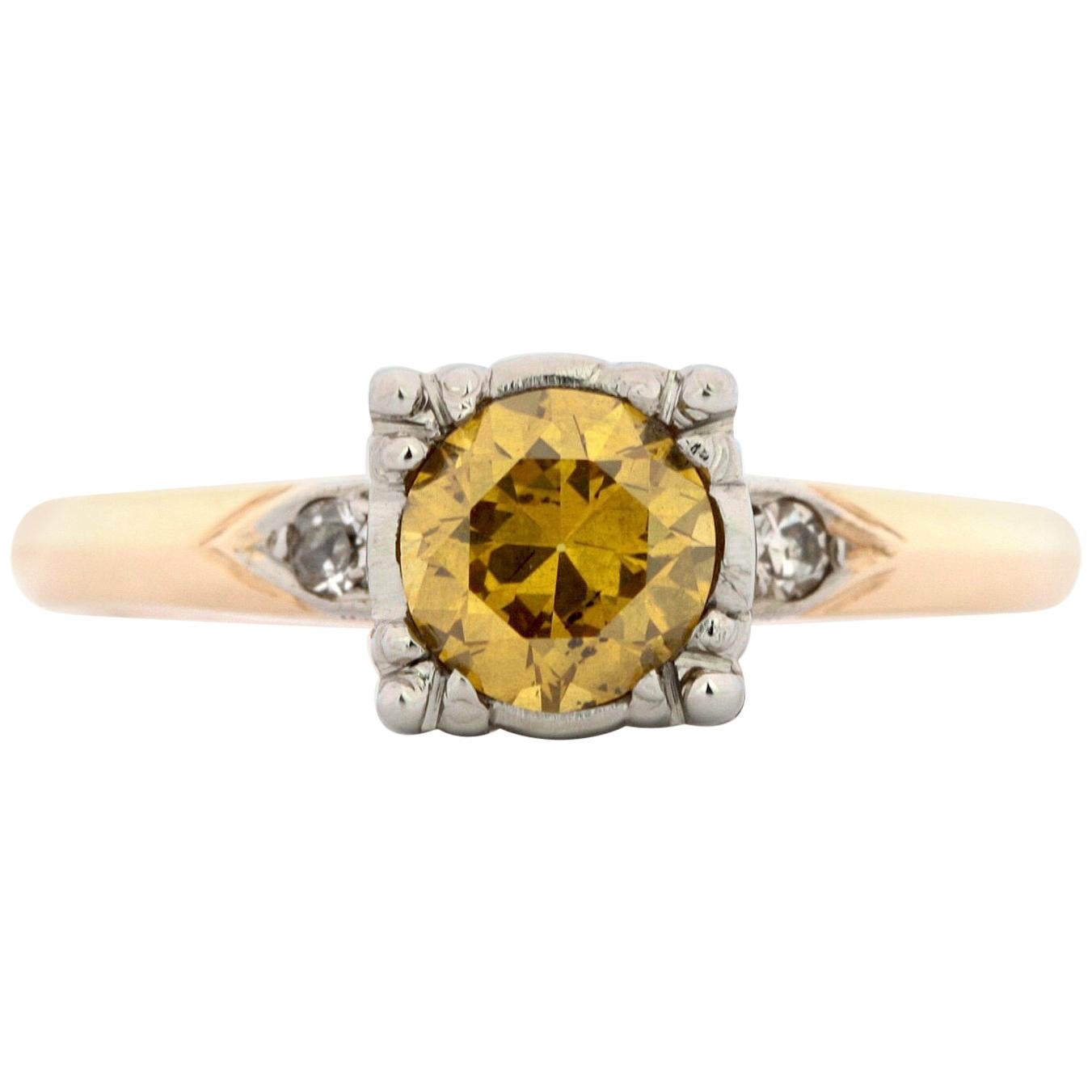 GIA Certified 0.77 Carat Yellow Diamond Vintage Engagement Ring For Sale