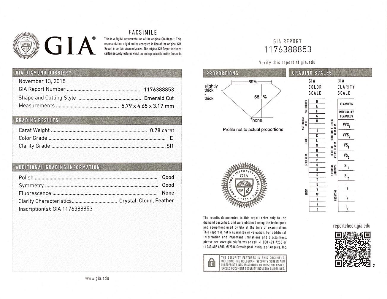Bague de fiançailles certifiée GIA 0,78 carat E SI1 Emerald Cut Natural Diamond en vente 7