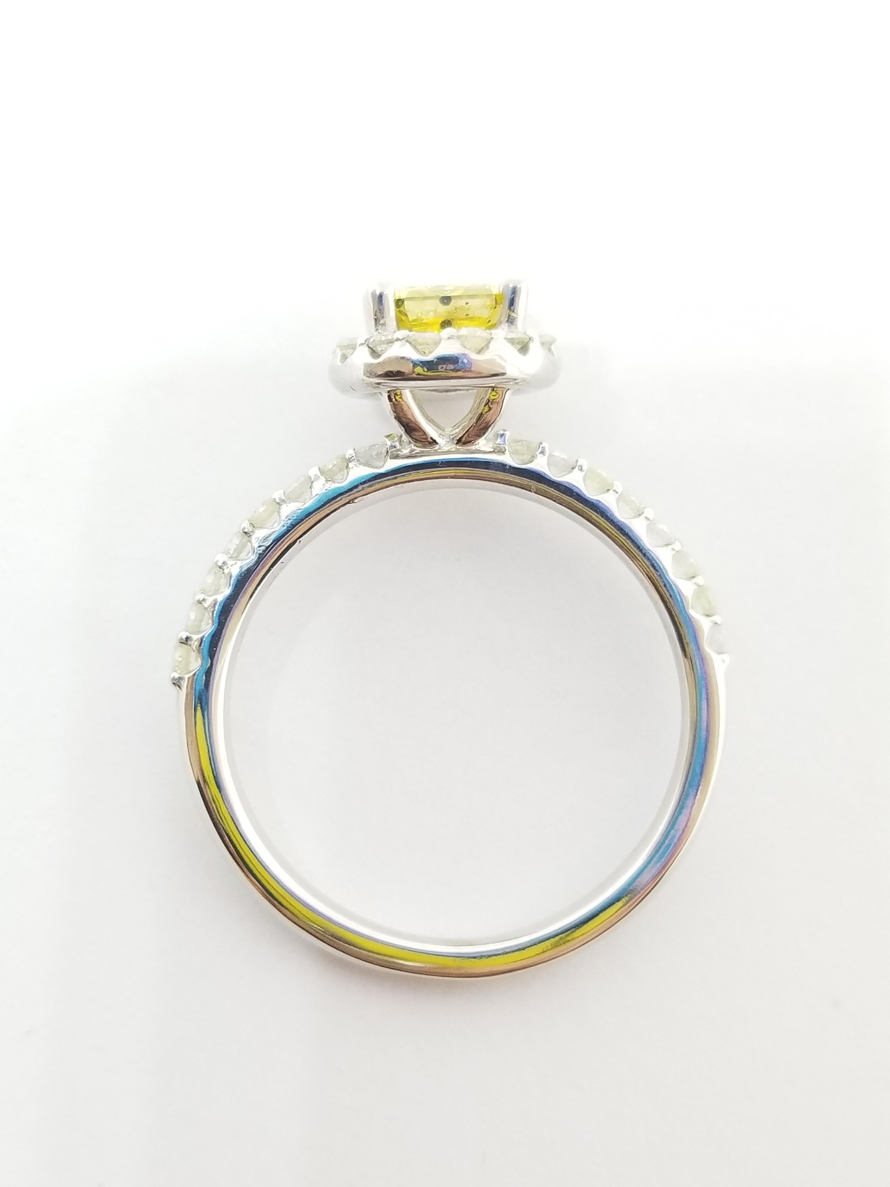 Radiant Cut GIA 0.78 Carat Fancy Vivid Yellow Radiant Diamond Ring 14K White Gold For Sale
