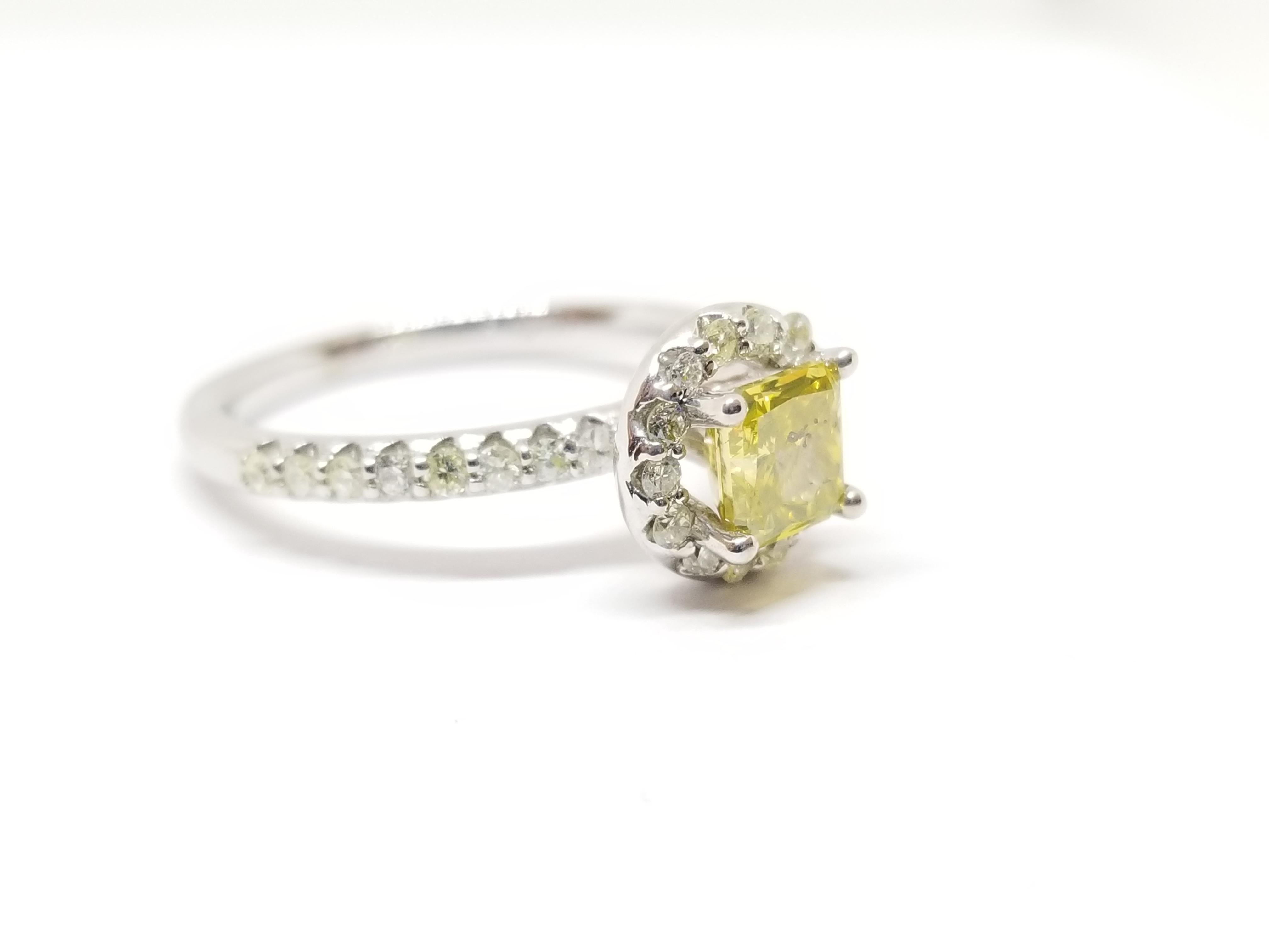 Women's GIA 0.78 Carat Fancy Vivid Yellow Radiant Diamond Ring 14K White Gold For Sale