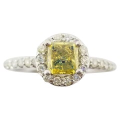 GIA 0.78 Carat Fancy Vivid Yellow Radiant Diamond Ring 14K White Gold