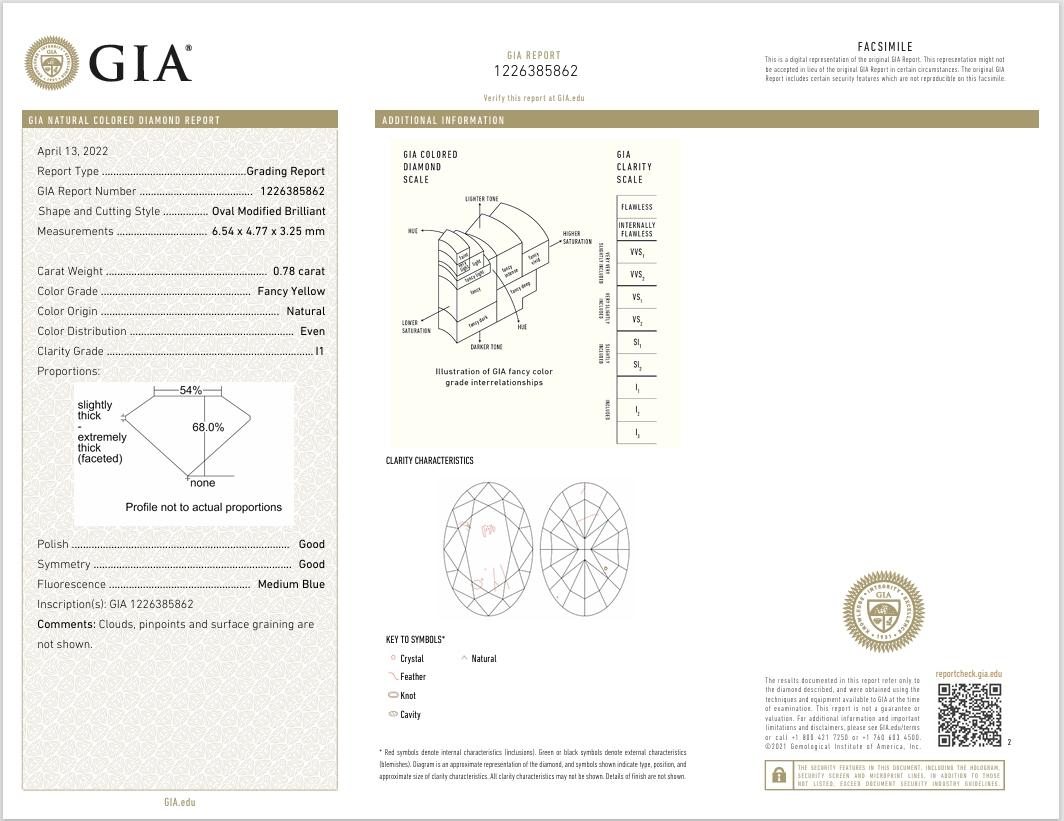 GIA Certified 0.78 Carat Fancy Yellow I1 Clarity Diamond For Sale 2
