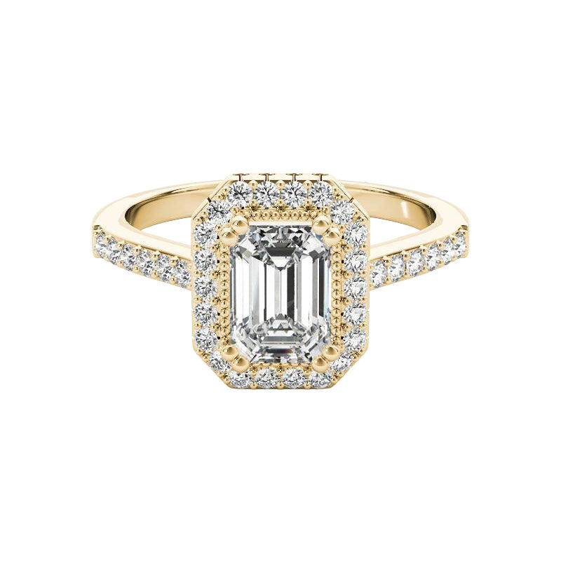 Bague en or jaune 18 carats certifiée GIA de 0,79 carat de diamant émeraude Halo
