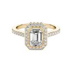 Bague en or jaune 18 carats certifiée GIA de 0,79 carat de diamant émeraude Halo
