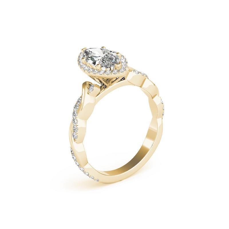 Anillo de diamantes de oro amarillo con halo marquesa y banda trenzada de 0.8 quilates con certificación GIA en venta 1
