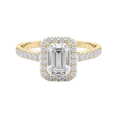 Bague en or jaune 18 carats certifiée GIA et ornée d'un halo d'émeraudes de 0,8 carat