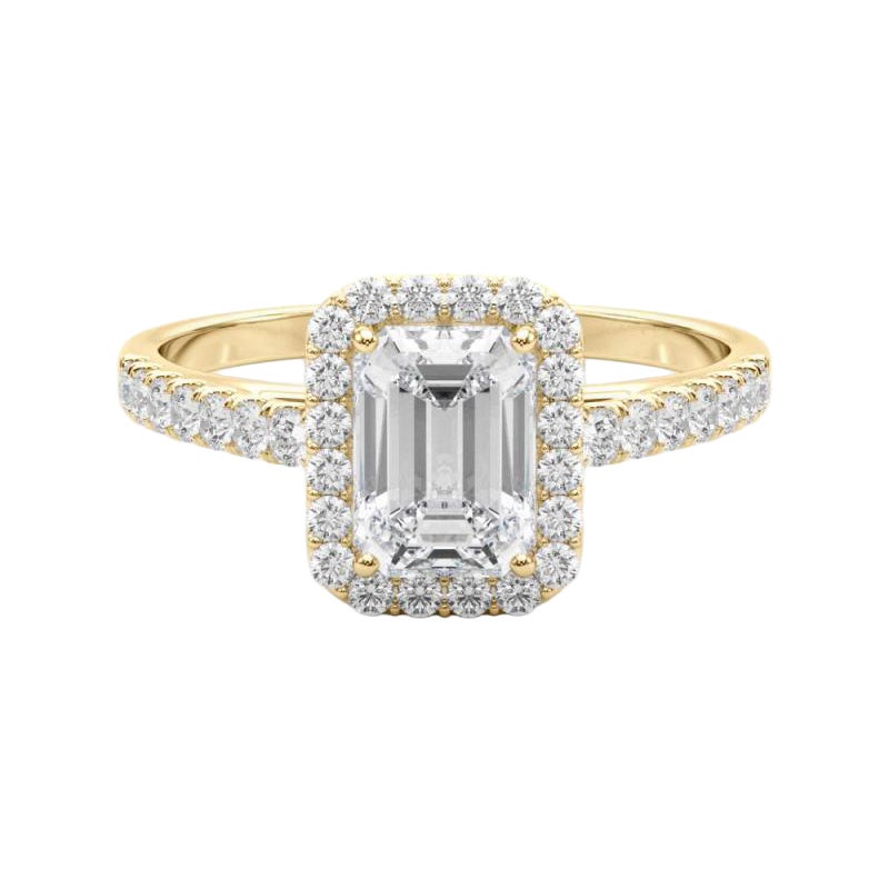 Bague en or jaune 18 carats certifiée GIA et ornée d'un halo d'émeraudes de 0,8 carat