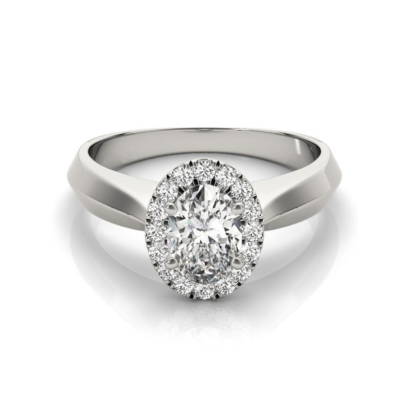 Taglio ovale GIA Certified 0.8 Carat Knife Edge Band Oval Halo 18K White Gold Diamond Ring in vendita