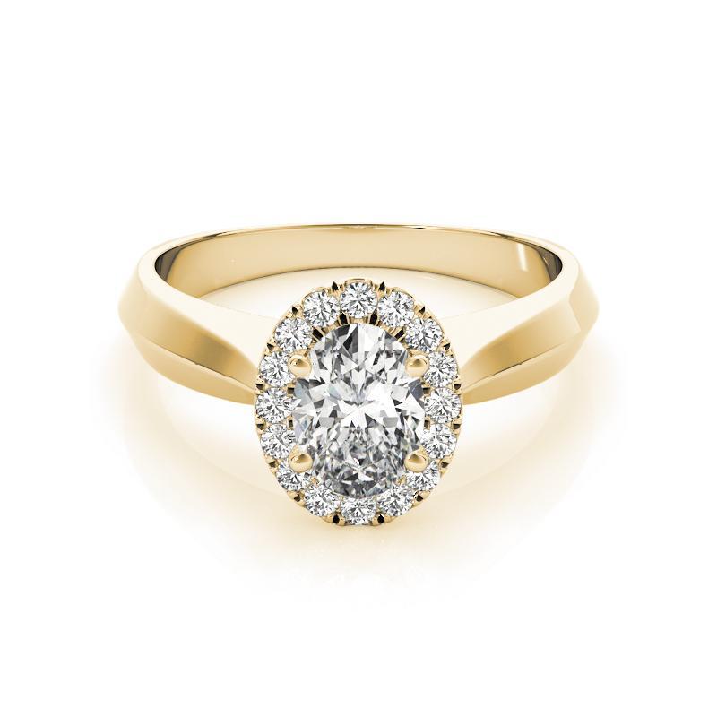 Taglio ovale GIA Certified 0,8 Carat Knife Edge Band Oval Halo 18K Yellow Gold Ring in vendita