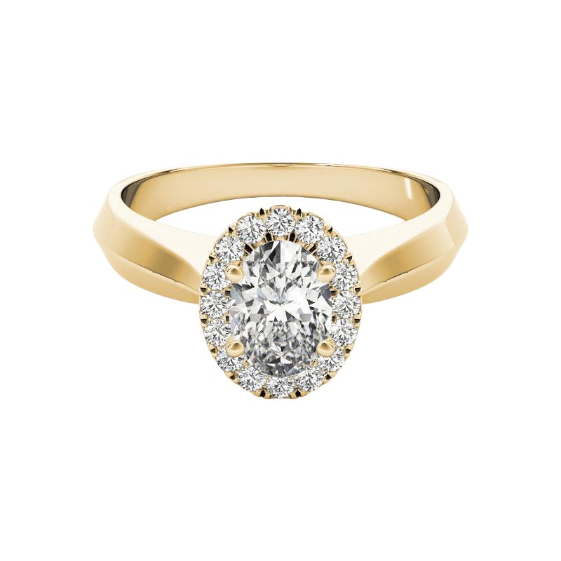 GIA Certified 0,8 Carat Knife Edge Band Oval Halo 18K Yellow Gold Ring