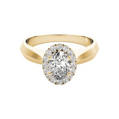 GIA Certified 0.8 Carat Knife Edge Band Oval Halo 18K Yellow Gold Diamond Ring