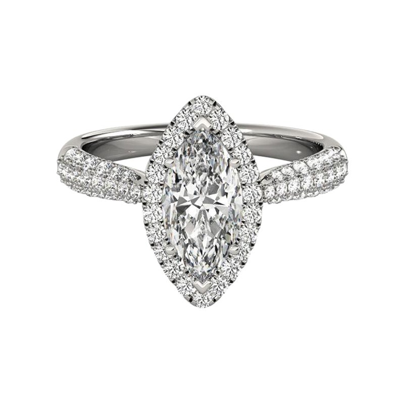 GIA Certified 0,8 Carat Marquise Halo Multi-Row 18K White Diamond Ring