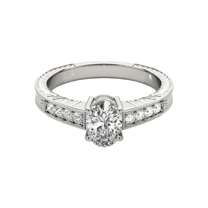 Anello con diamante ovale doppio cesto in oro bianco vintage certificato GIA da 0.8 carati