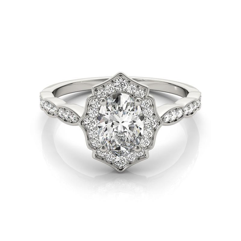 De las mujeres Anillo de diamantes de oro blanco catedral con halo ovalado de 0.8 quilates certificado por GIA en venta