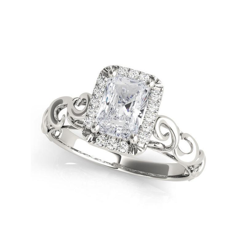 Taille radiant Bague de diamant en platine certifiée GIA de 0.8 carat Radiant Halo Ribbon Cathedral en vente