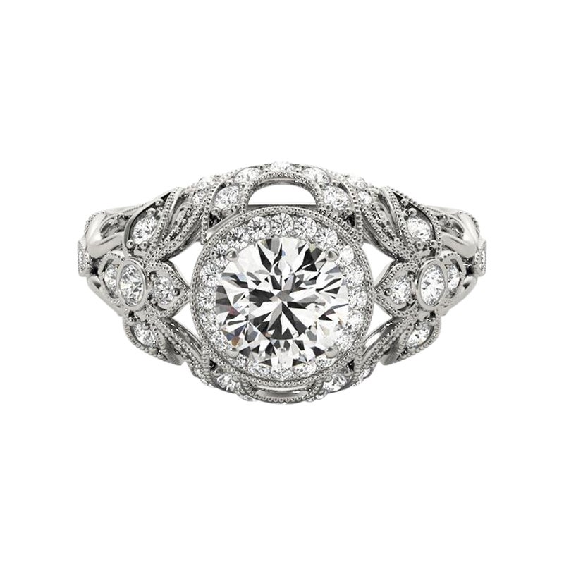 Bague à diamant certifié GIA 0.8 carat Round Halo Dome Filigree Trellis
