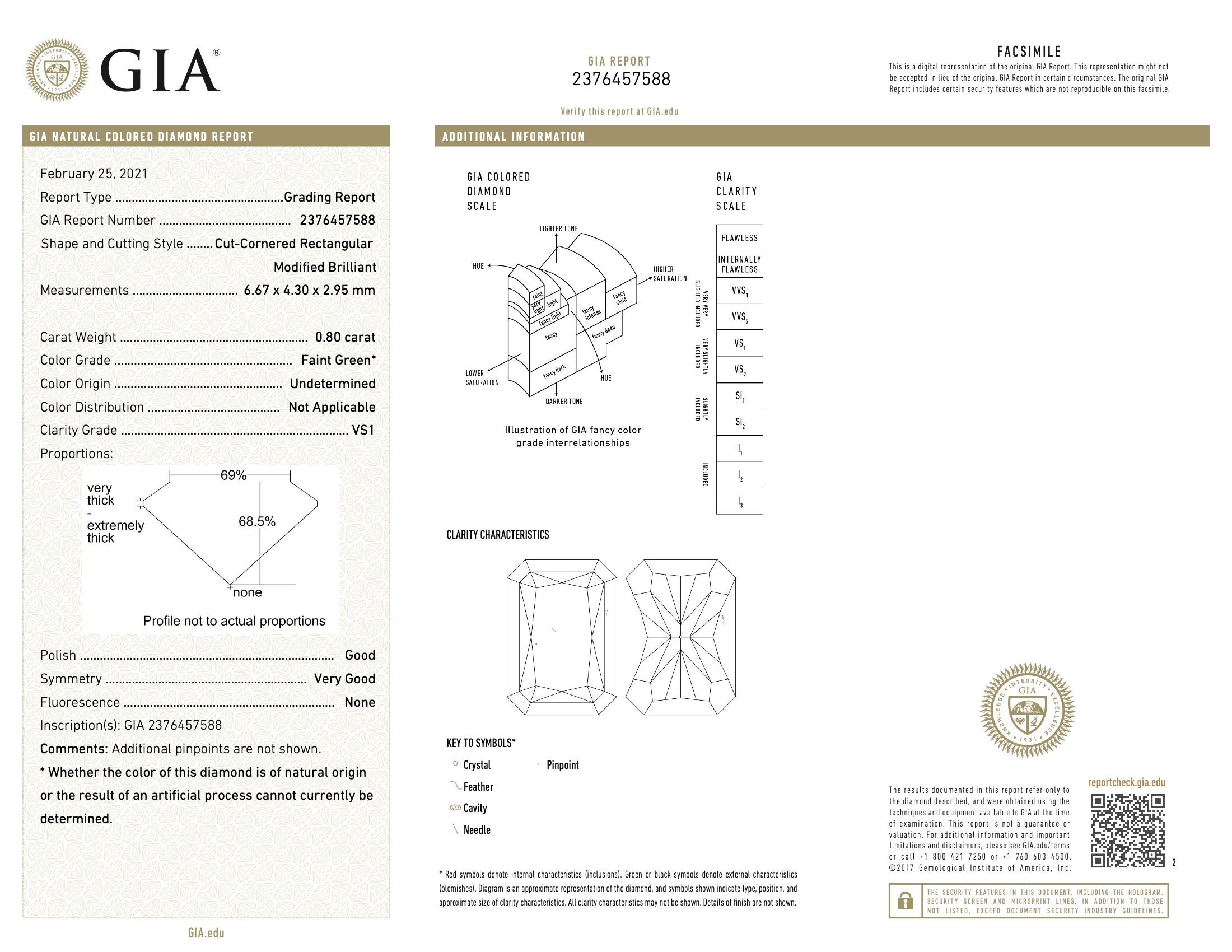 GIA Certified 0.80 Carat Faint Green VS1 Clarity Diamond For Sale 1