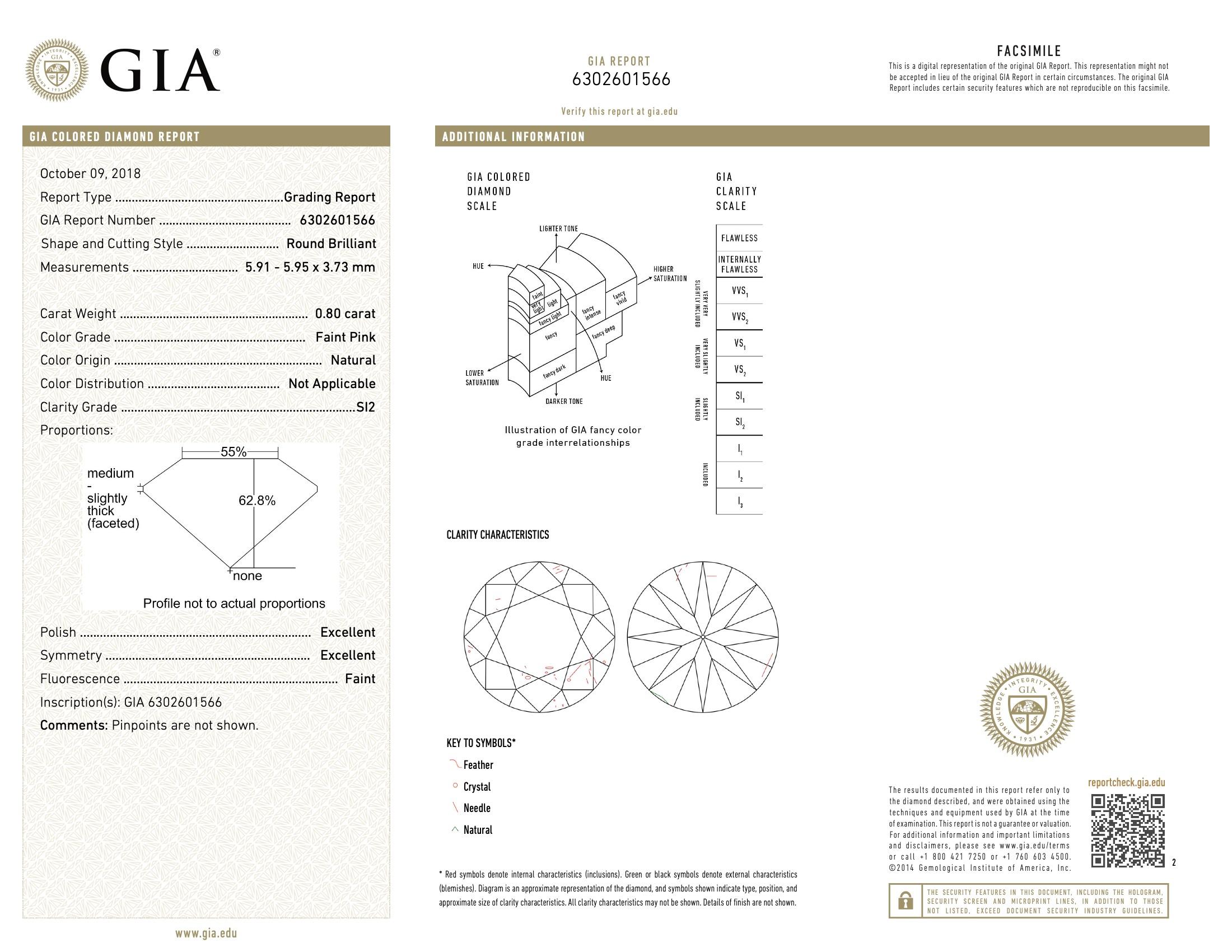 GIA Certified 0.80 Carat Faint Pink SI2 Clarity Diamond For Sale 1