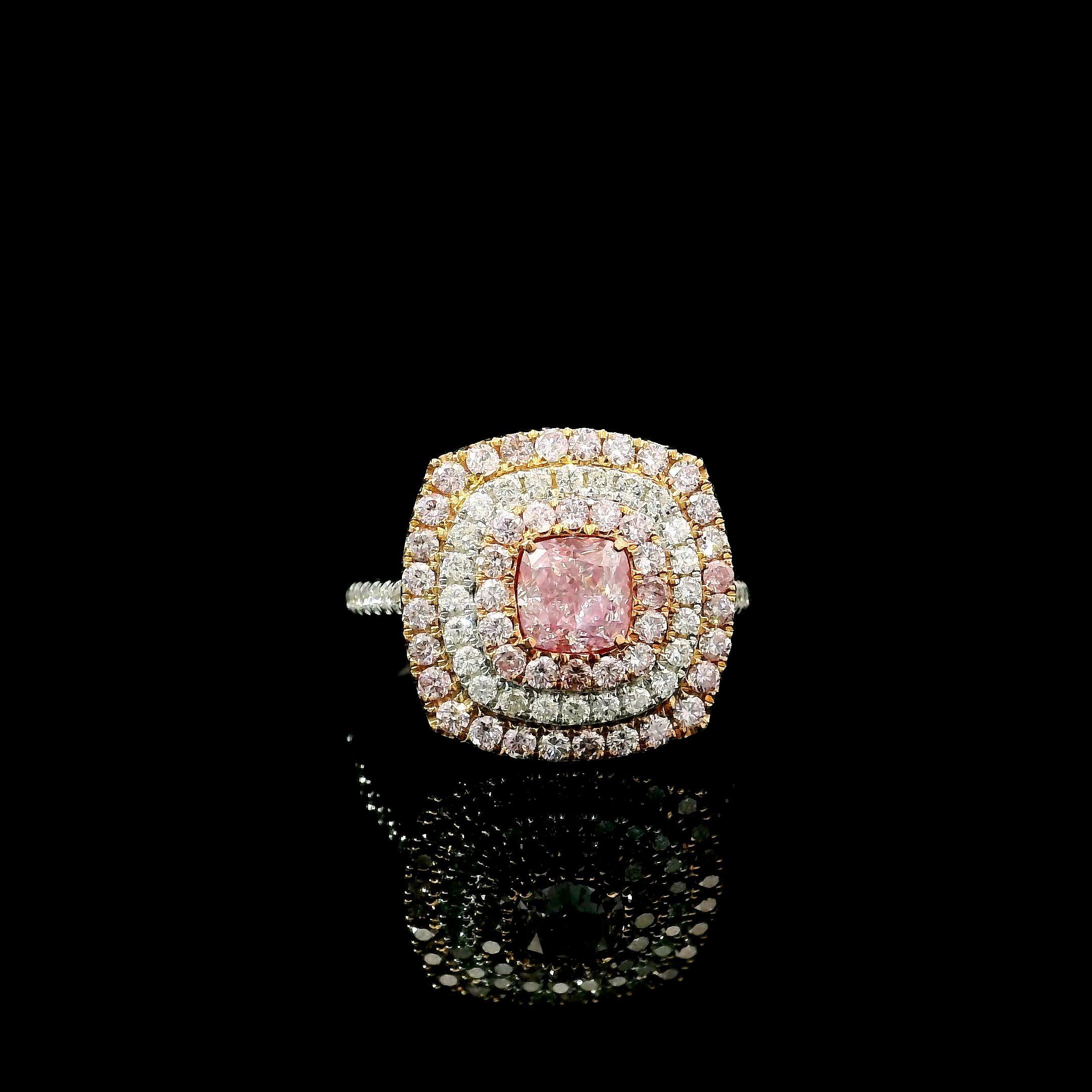 18kt white gold ring with diamonds
  
  Gold colour & karat: White gold 18kt
  Weight: 4.08 grams
  
  Set with-
  Stone type: Diamonds
  Shape: Cushion
  Carat: 0.80
  Colour: Faint Pinkish Brown
  Clarity: VS2
  
  Surrounding Stones: Diamonds
 1)