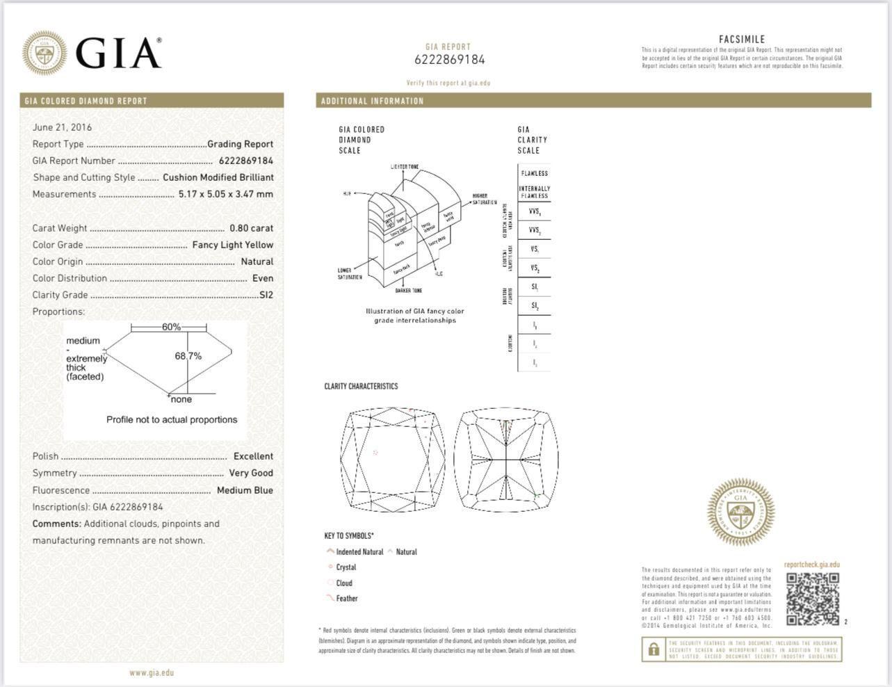 Anello con diamante certificato GIA da 0,80 carati, di colore giallo chiaro e chiarezza SI2 in vendita 3