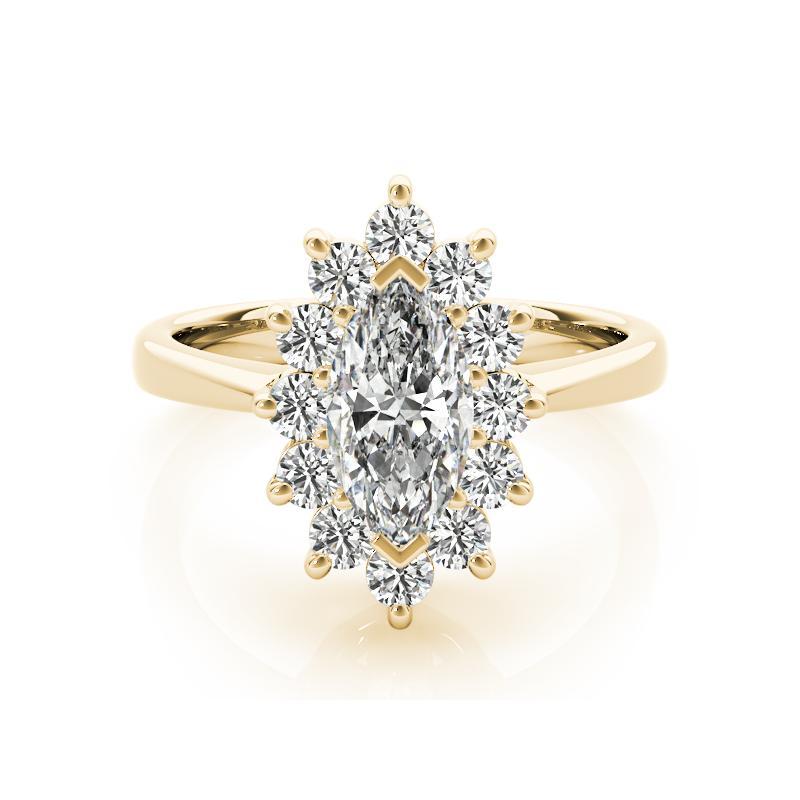Anillo de diamantes de oro amarillo de 18 quilates con halo de marquesa de 0,80 quilates certificado por GIA