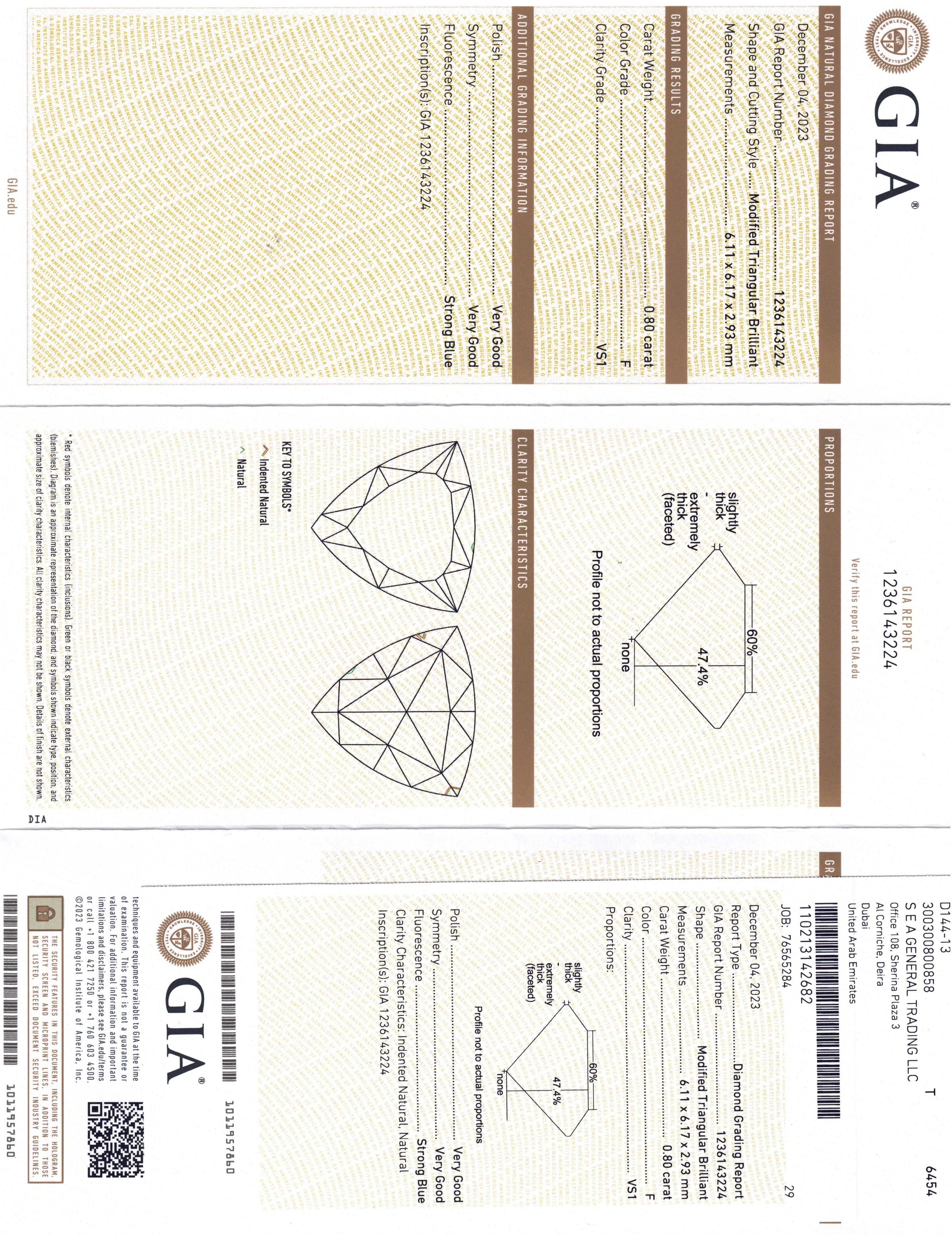 GIA-zertifizierter Naturdiamant in dreieckiger Form mit 0,80 Karat  F VS1 im Angebot 1