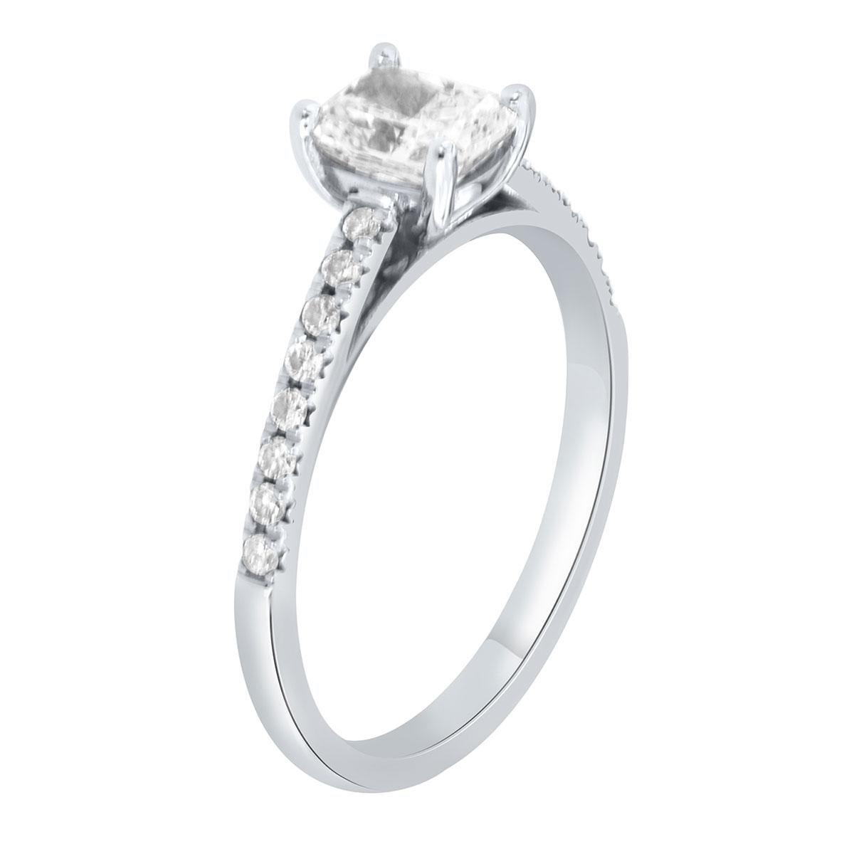 This ring features 16 round brilliants diamonds French Pave Set on a 1.6 mm shank in total carat weight of 0.35 Carat. Our signature prong basket will maximize your center gem light reflection. Your future matching band will sit flashed with the