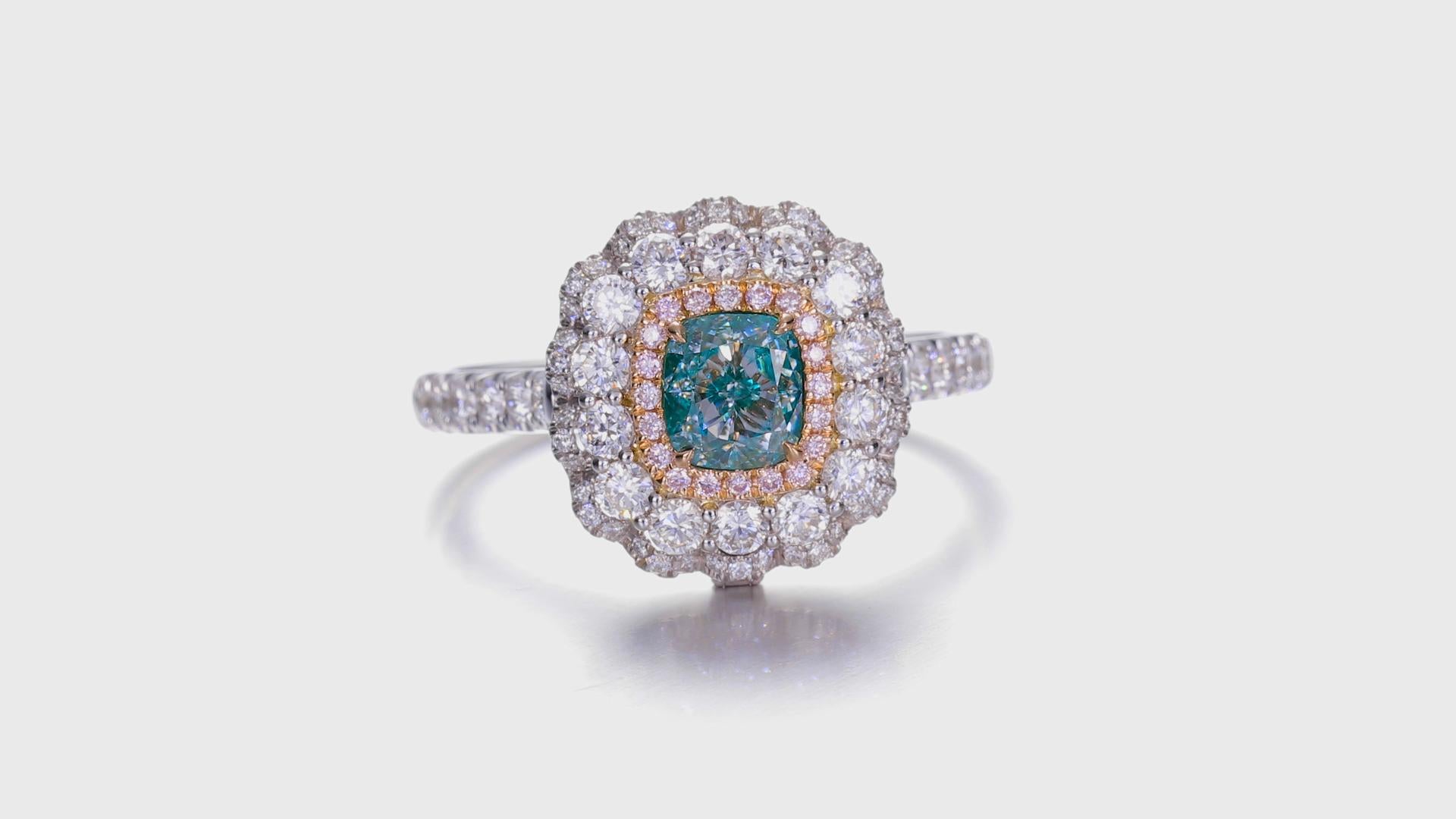 Contemporary GIA Certified 0.80ct Light Green Natural Color Diamond Halo Engagement Ring For Sale