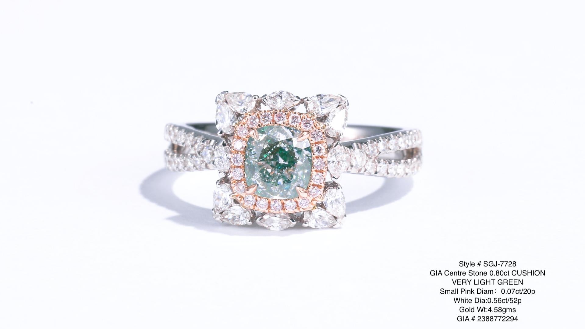 Introducing a captivating jewelry piece featuring a remarkable 0.80ct natural very light green cushion-shaped diamond GIA certified. 

This exquisite diamond is set in a stunning design that can be worn as both a pendant and a ring, adding