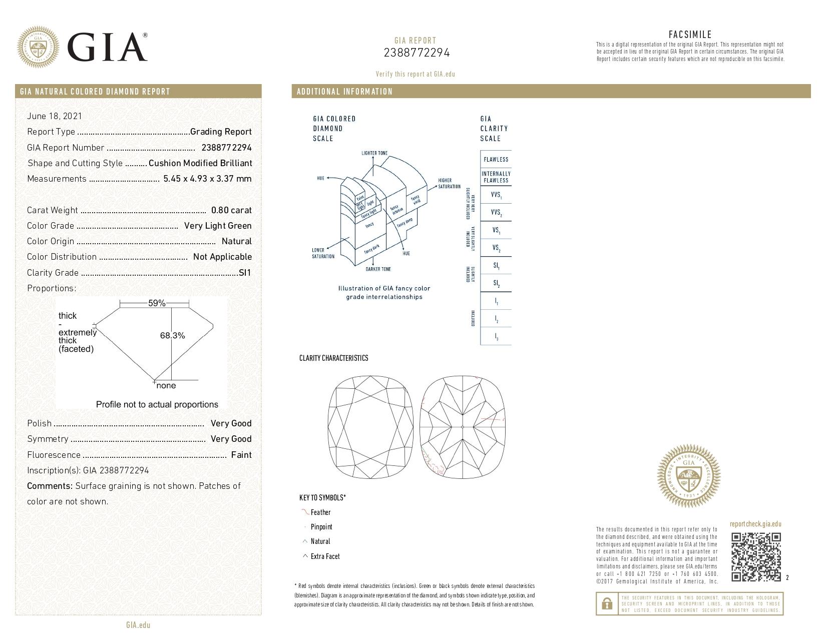 GIA Certified, 0.80ct Natural Very Light Green Cushion Diamond on 18kt Gold Ring In New Condition For Sale In Hong Kong, HK