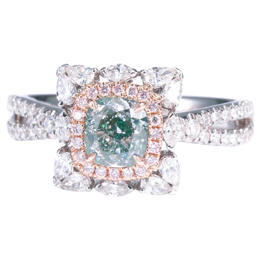GIA Certified, 0.80ct Natural Very Light Green Cushion Diamond on 18kt Gold Ring